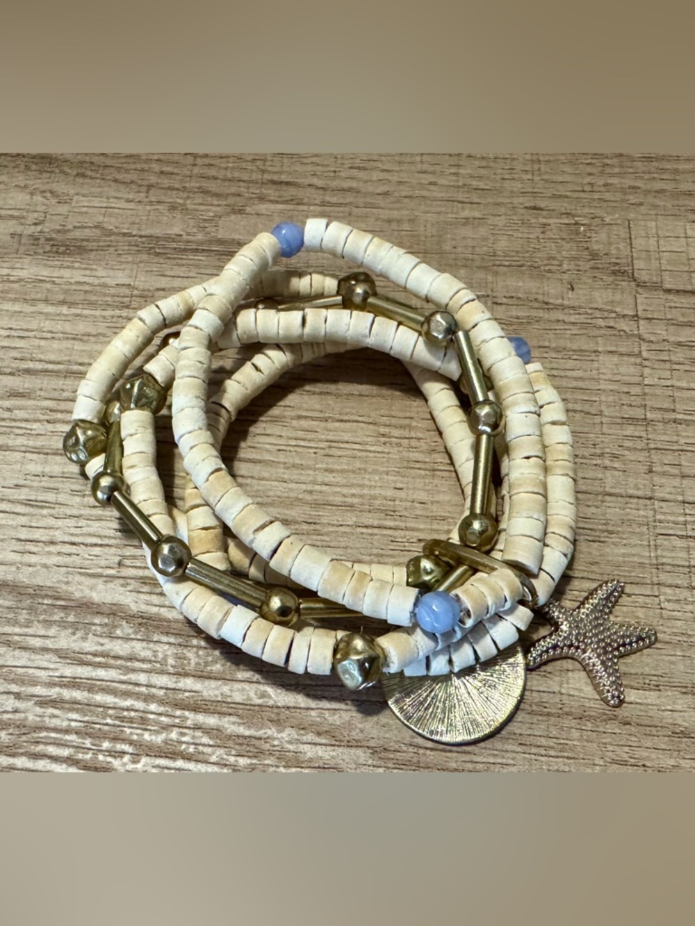 Beaded Wrap Bracelet with Cream and Light Blue Accents